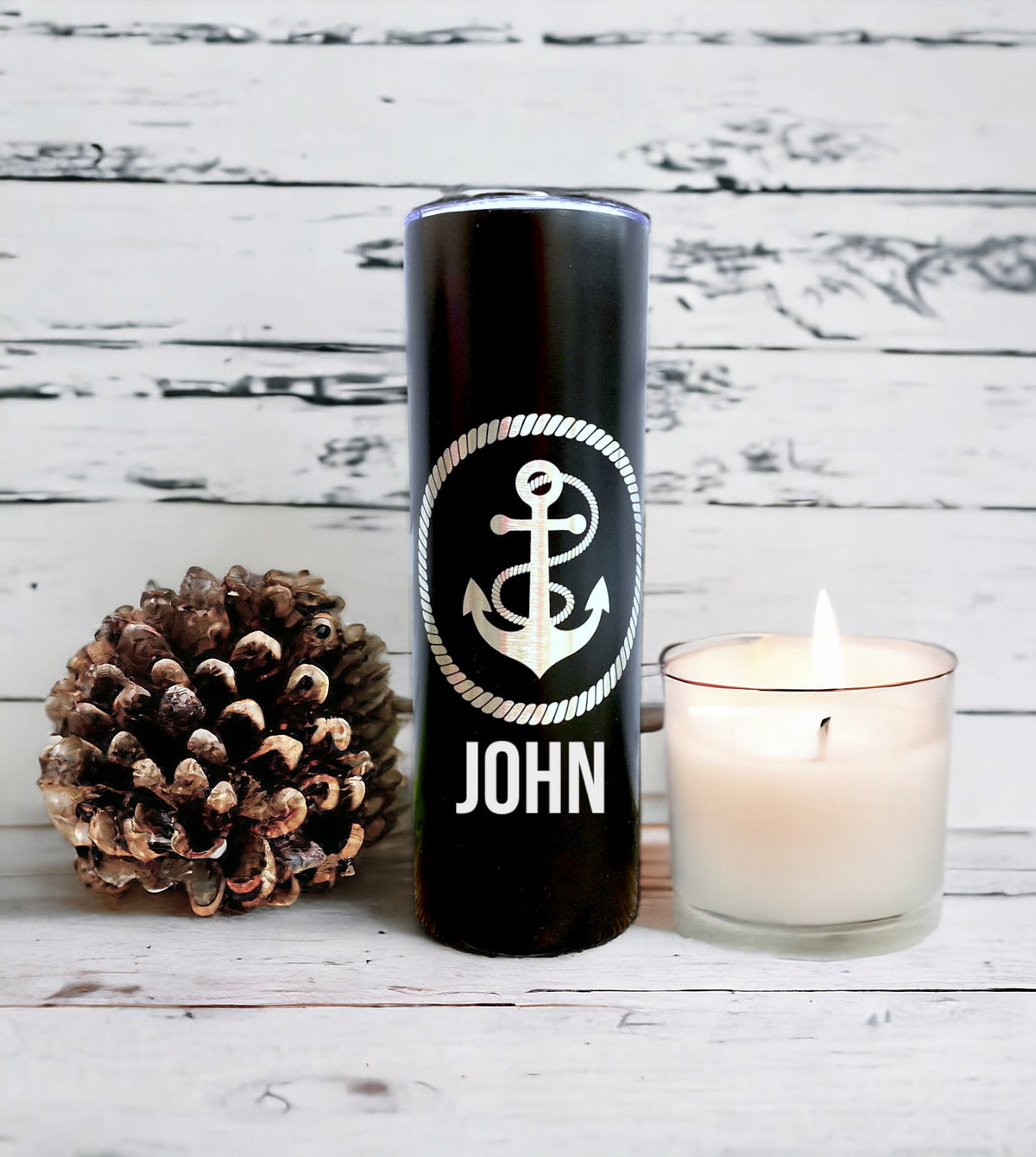 Nautical bachelorette gift tumbler shown with reusable straw inserted.