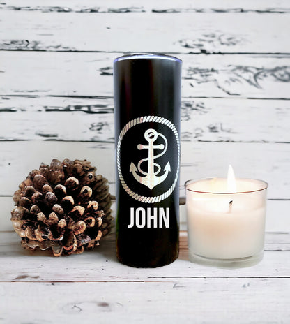 Nautical bachelorette gift tumbler shown with reusable straw inserted.