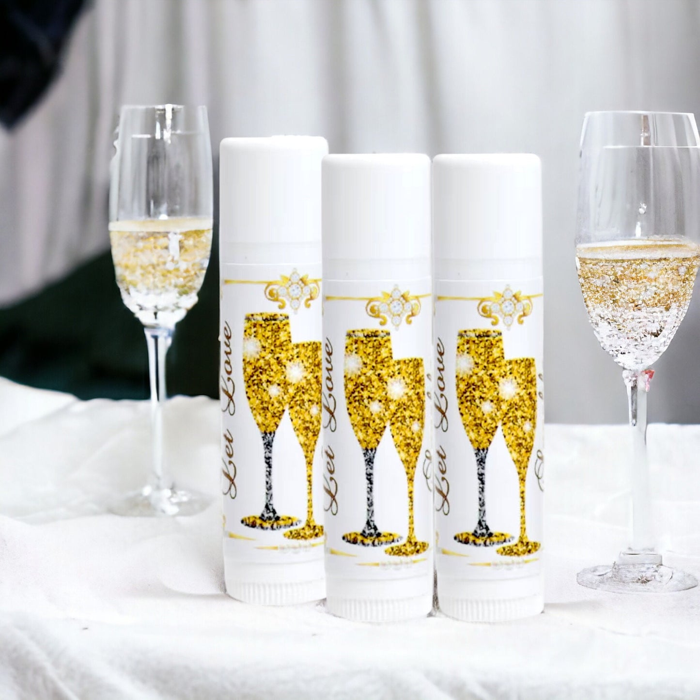 Gold Champagne Wedding Lip Balm Labels: Party Favor Stickers, Set of 30