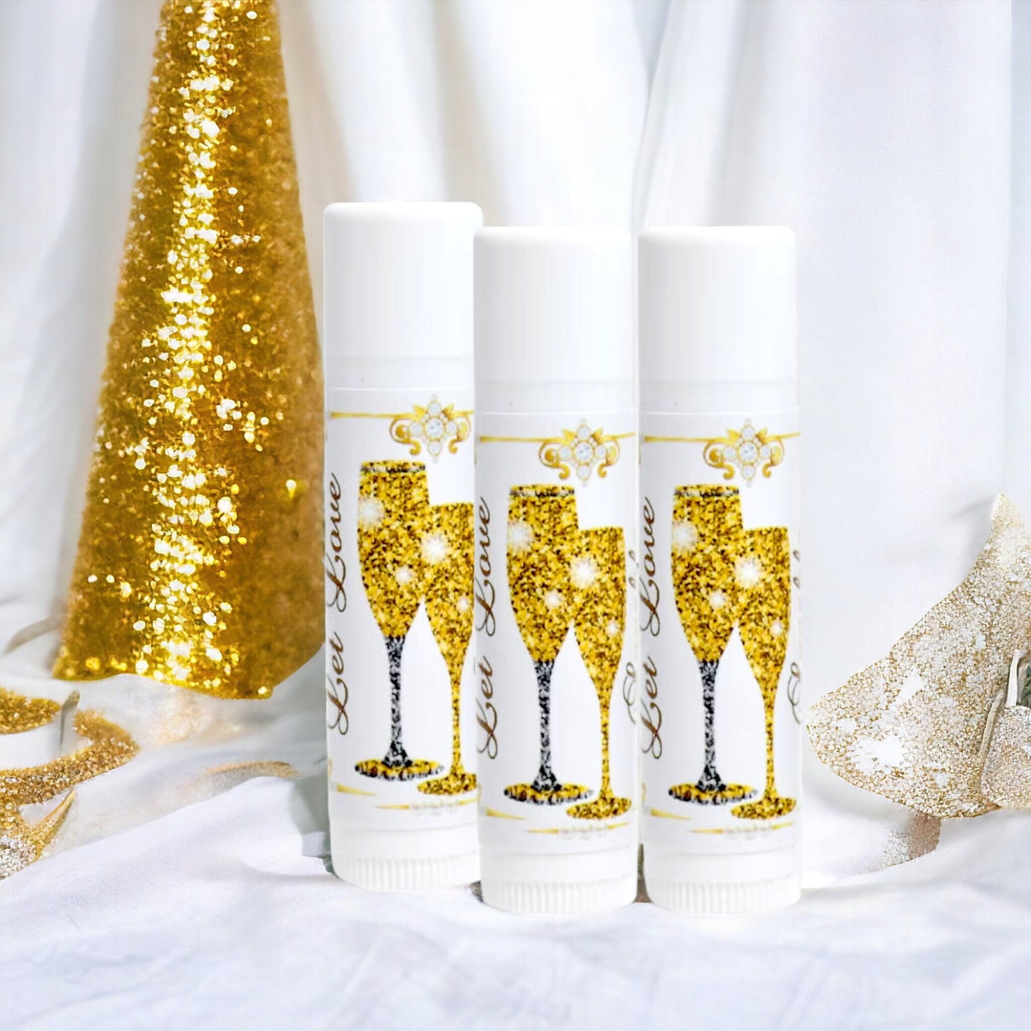 Gold Champagne Wedding Lip Balm Labels: Party Favor Stickers, Set of 30