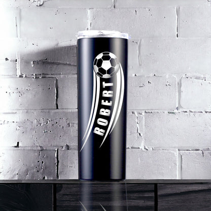 Lifestyle image of the personalized soccer gift tumbler on a field sideline, ready for use during a game.