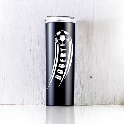 Close-up of a 20oz laser-engraved personalized soccer gift tumbler, showing detailed text and a soccer graphic.