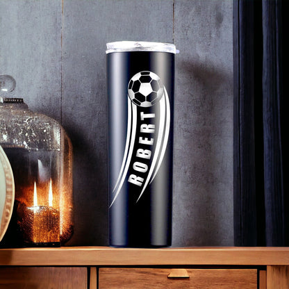 Overview of the personalized soccer gift tumbler, including its clear lid and the 304 food-grade stainless steel material.