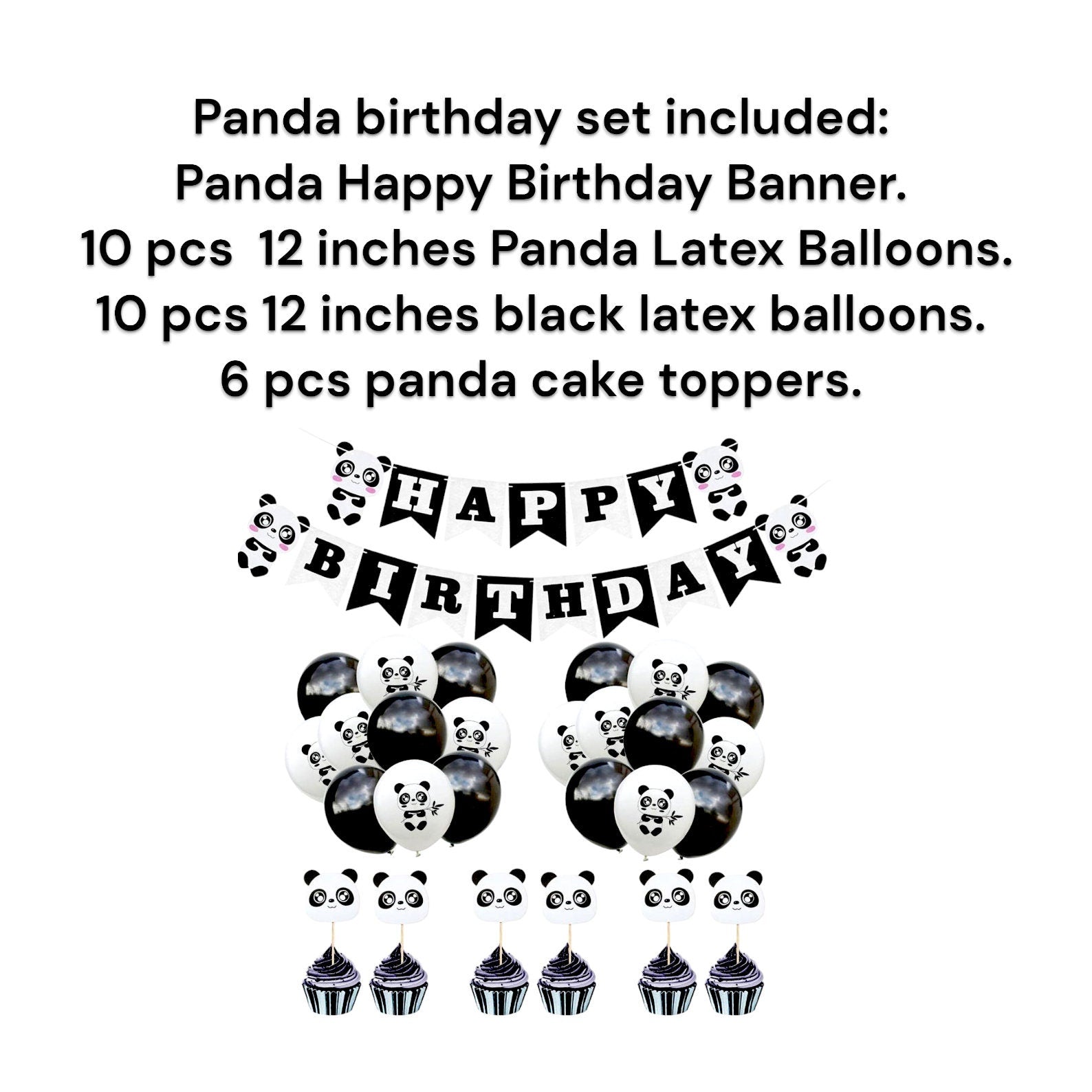 Panda happy birthday letter banner arranged flat on a neutral background.