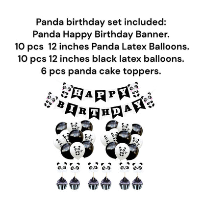 Panda happy birthday letter banner arranged flat on a neutral background.