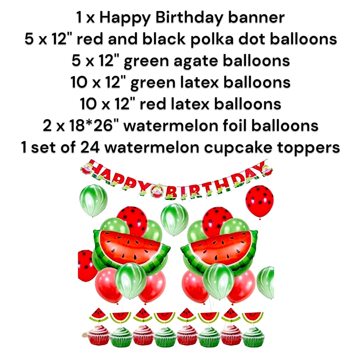 Set of 24 watermelon-themed cupcake toppers featuring various fruit designs, ready for sweet treats.