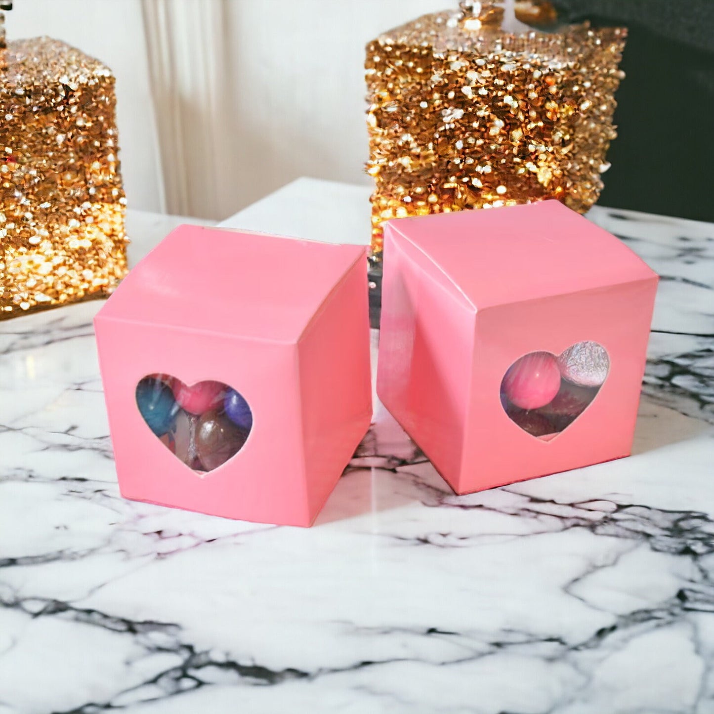 Heart Window Pink Gift Boxes 2" x 2" x 2", Wedding Baby Shower Party Favor Box,