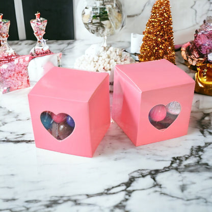 Heart Window Pink Gift Boxes 2" x 2" x 2", Wedding Baby Shower Party Favor Box,