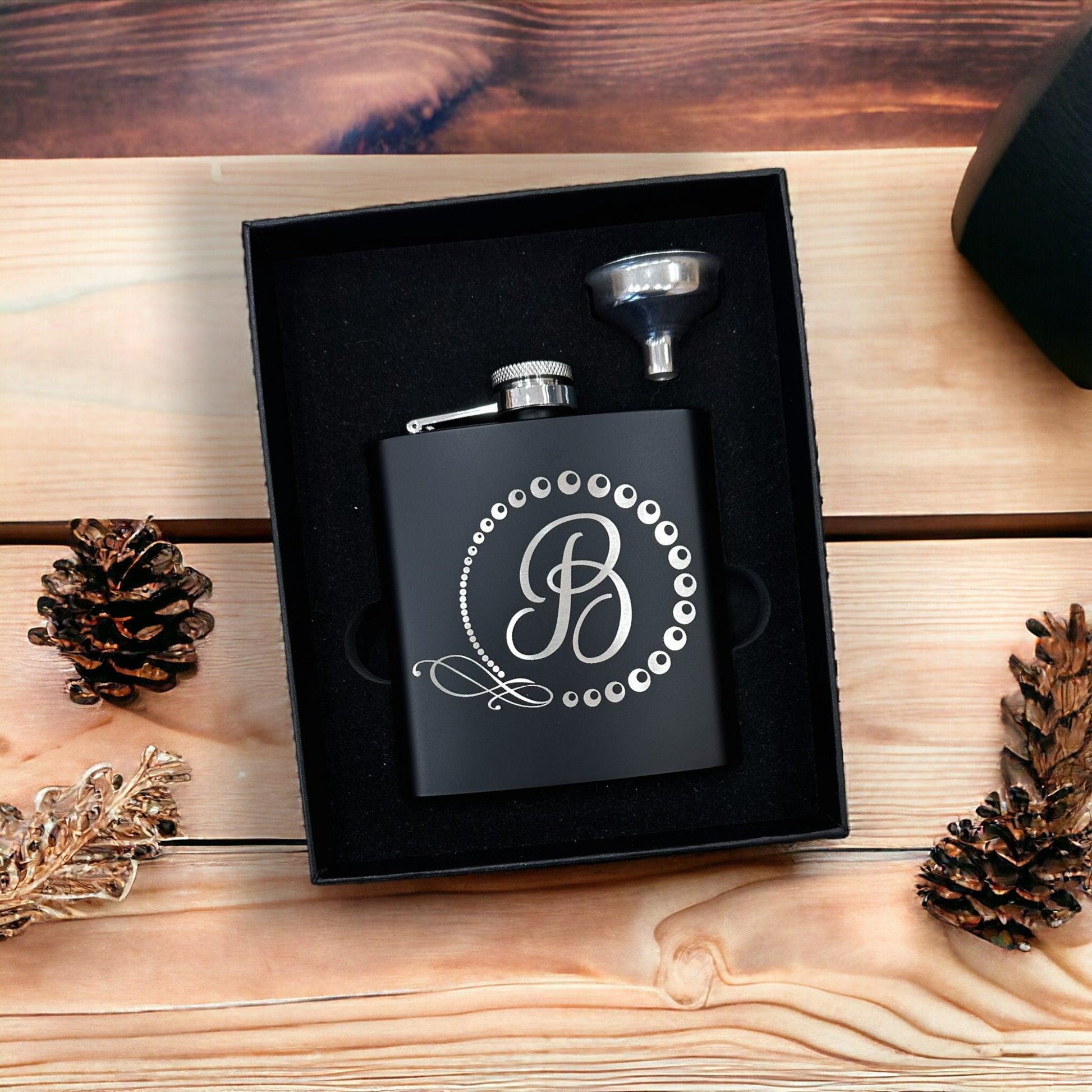 Personalized Hip Flask Laser Engraved Small Groomsman Boyfriend Flask with Gift Box, Custom Name Monogram Initial Capital Letter