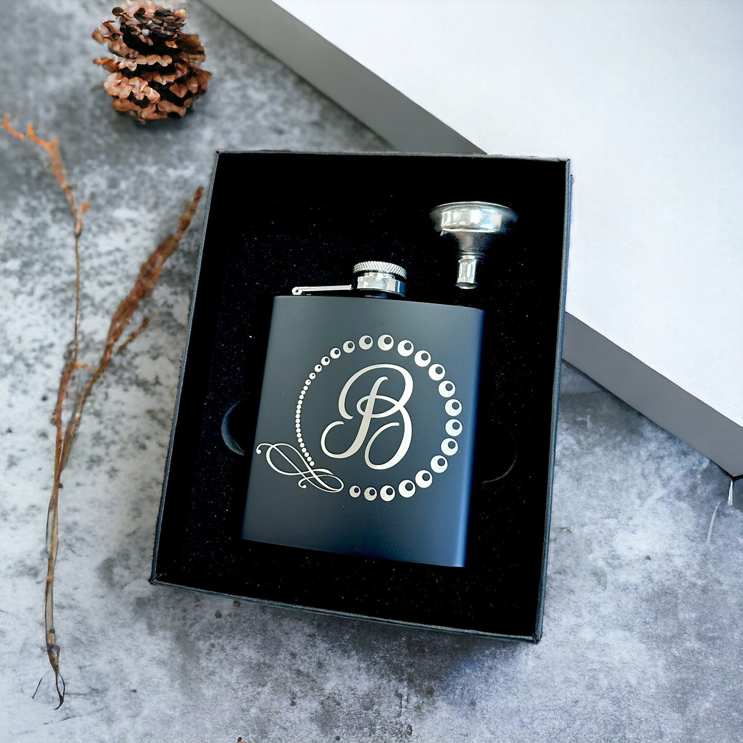 Personalized Hip Flask Laser Engraved Small Groomsman Boyfriend Flask with Gift Box, Custom Name Monogram Initial Capital Letter