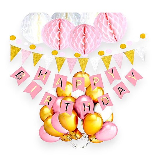 1st Girl Birthday Party Decoration, Gold Pink White Balloons, Pink Happy Birthday Banner, Honeycomb Balls Decor