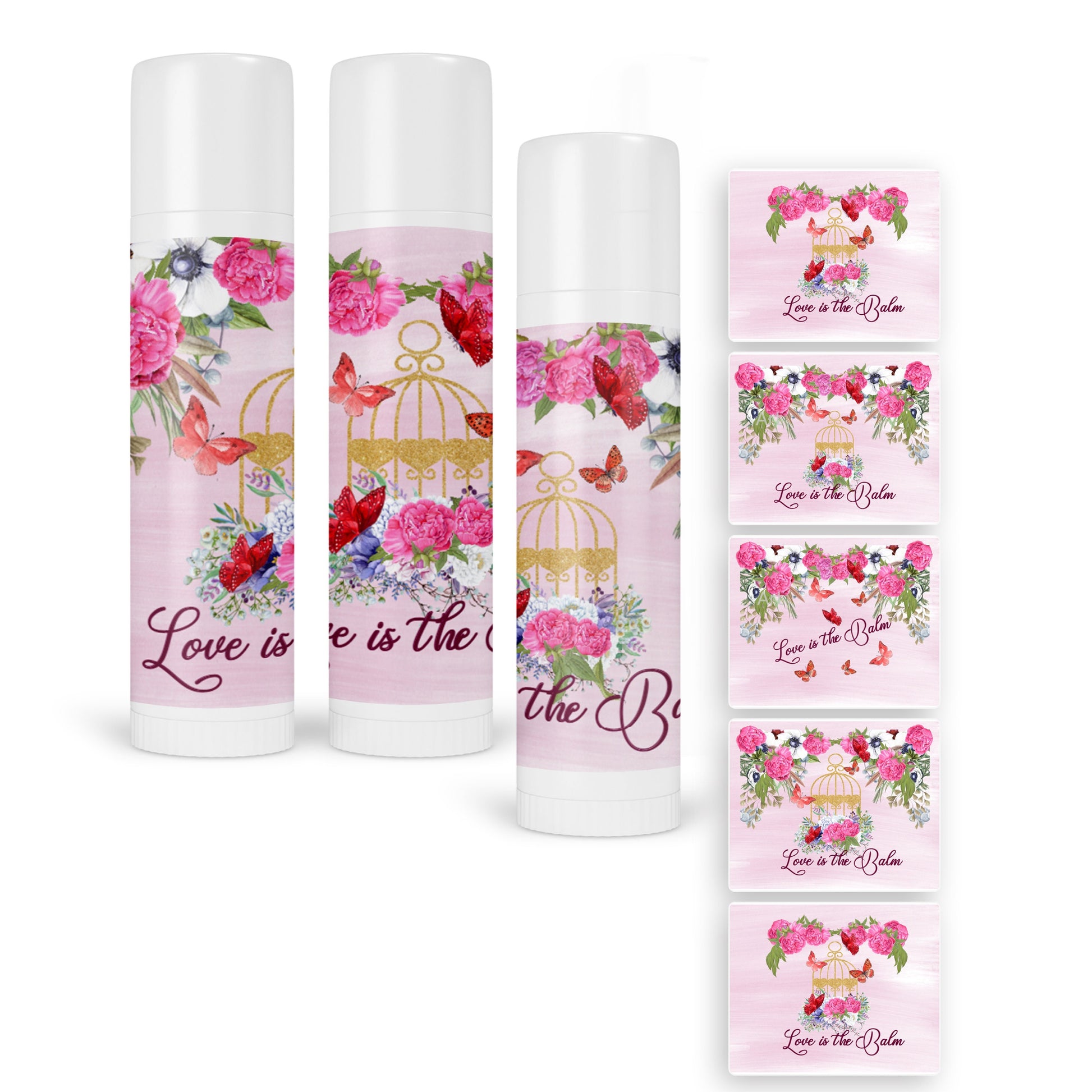 30 Magenta Butterfly Lip Balm Labels: Floral Party Favor Stickers