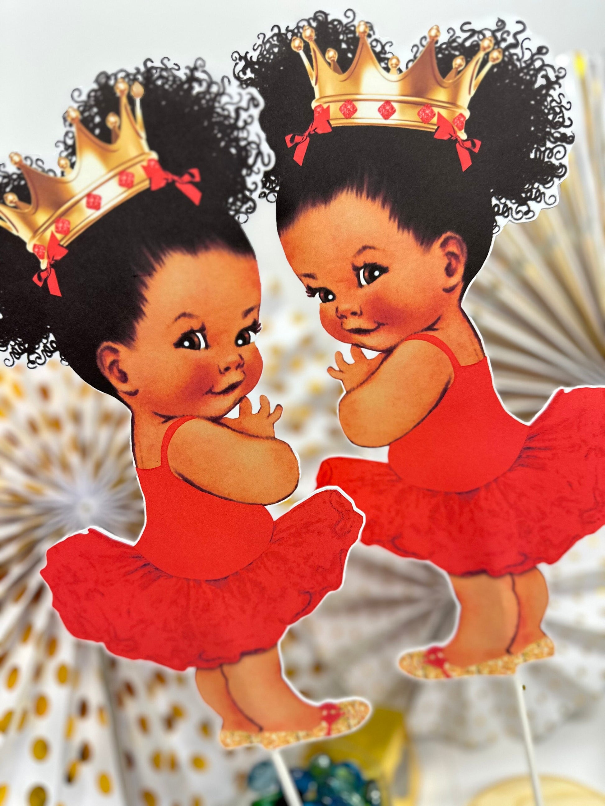 Red Tutu Ballerina Princess Centerpiece Cutouts with Gold Crown Table Decoration, African American Birthday Baby Shower Party