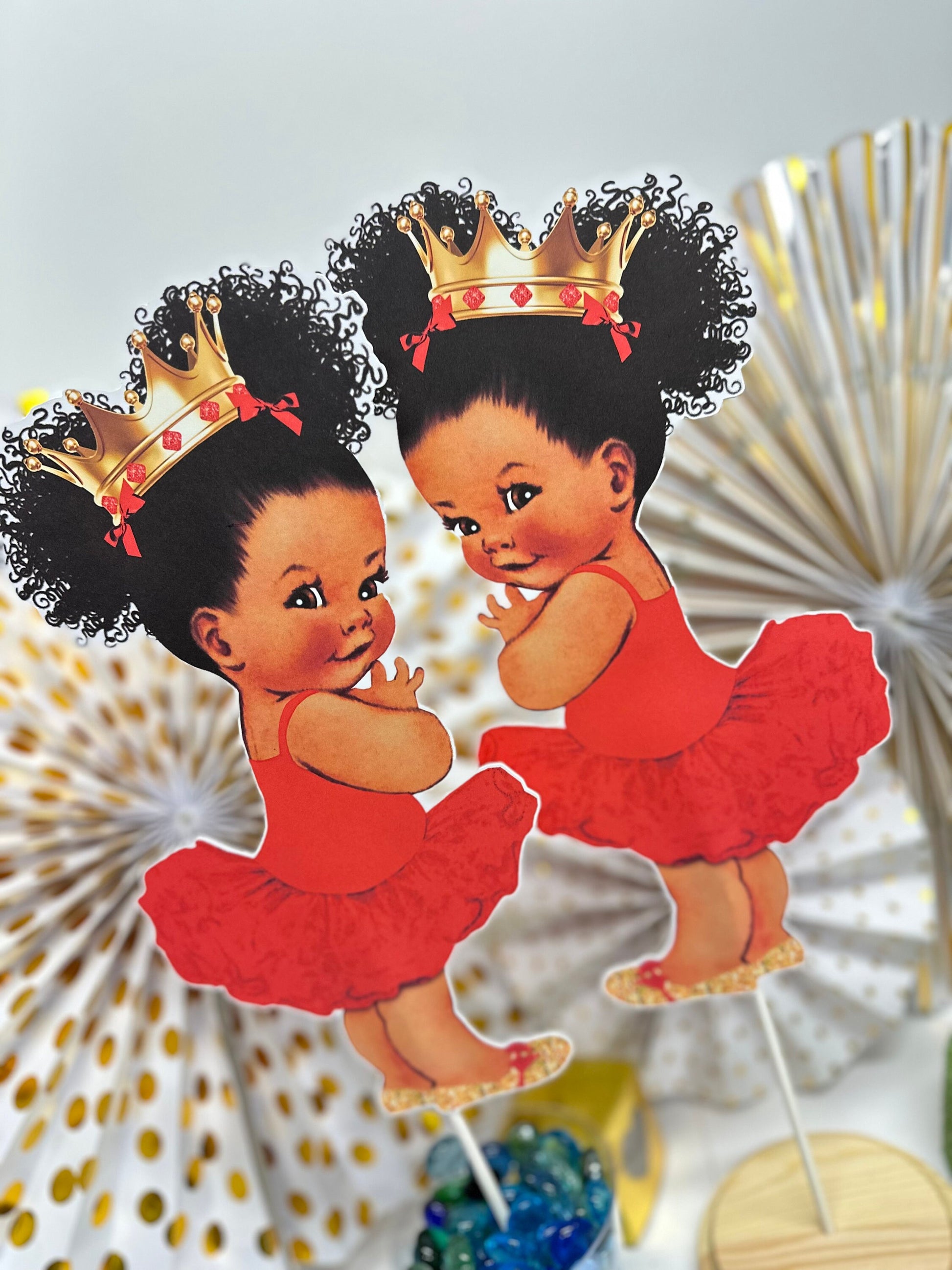 Red Tutu Ballerina Princess Centerpiece Cutouts with Gold Crown Table Decoration, African American Birthday Baby Shower Party