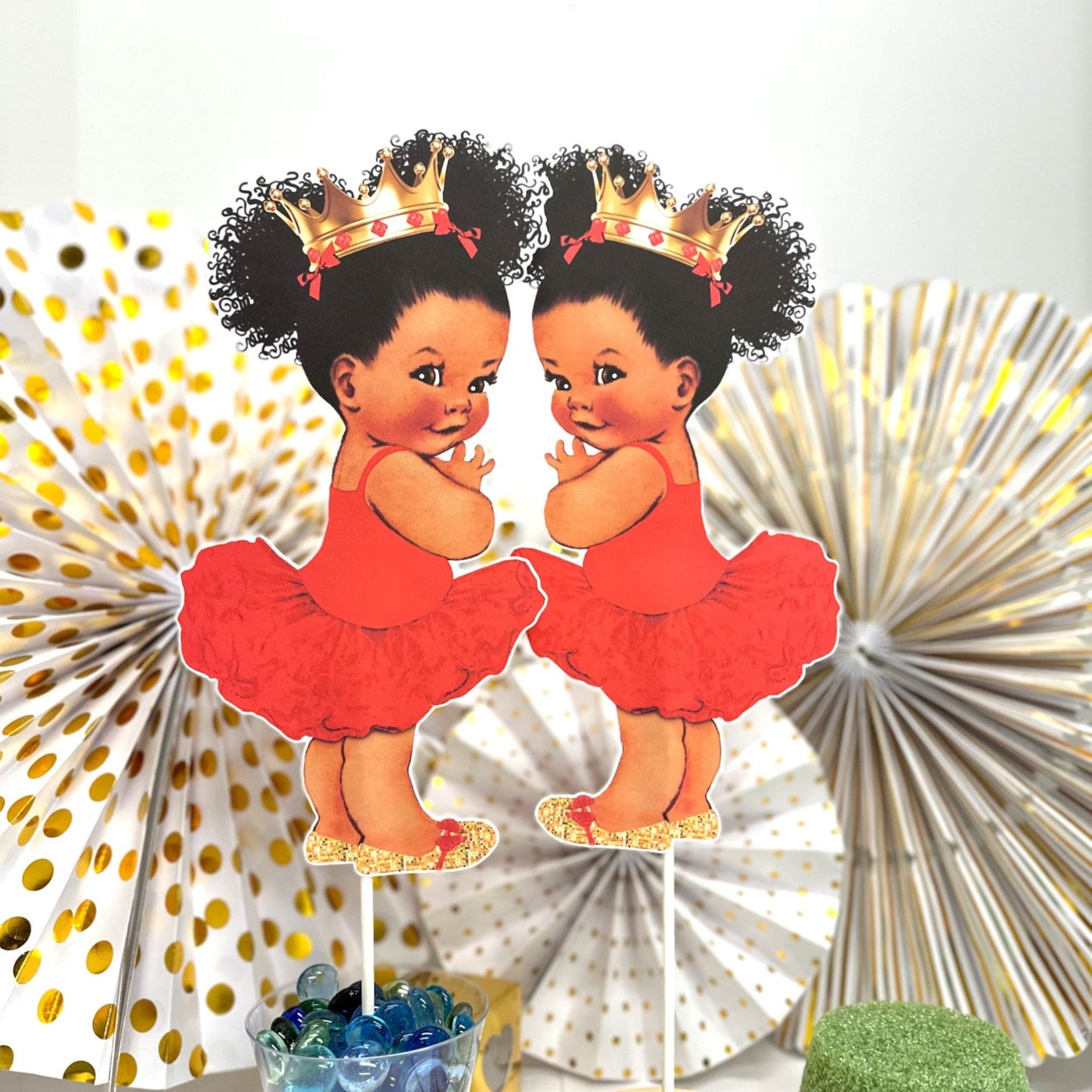 Red Tutu Ballerina Princess Centerpiece Cutouts with Gold Crown Table Decoration, African American Birthday Baby Shower Party