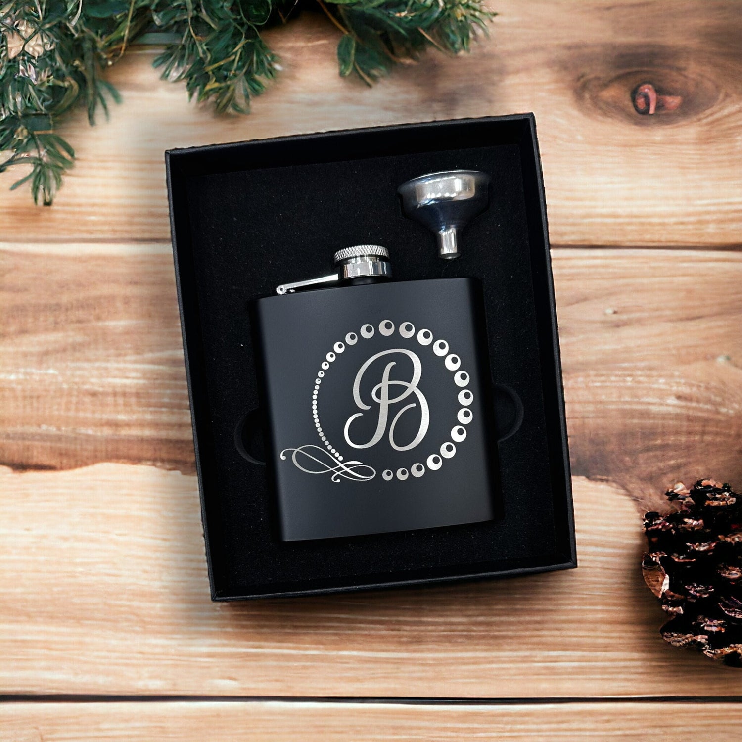 Personalized Hip Flask Laser Engraved Small Groomsman Boyfriend Flask with Gift Box, Custom Name Monogram Initial Capital Letter