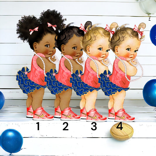 Coral Blue Baby Girl Centerpiece Cake Topper, Royal Party Cutouts, Table Desoration Birthday Baby Shower