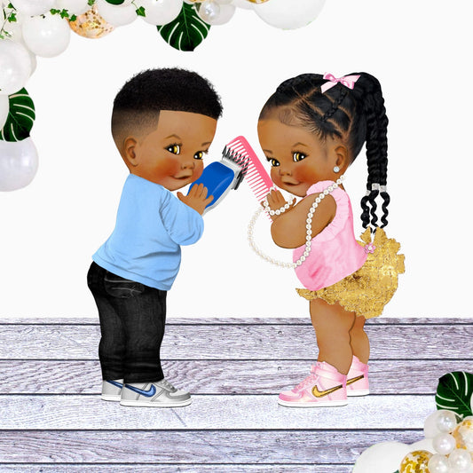 Stylist Barber Baby Boy Girl Cutouts Birthday Baby Shower African American Gender Reveal Twins Party Decoration