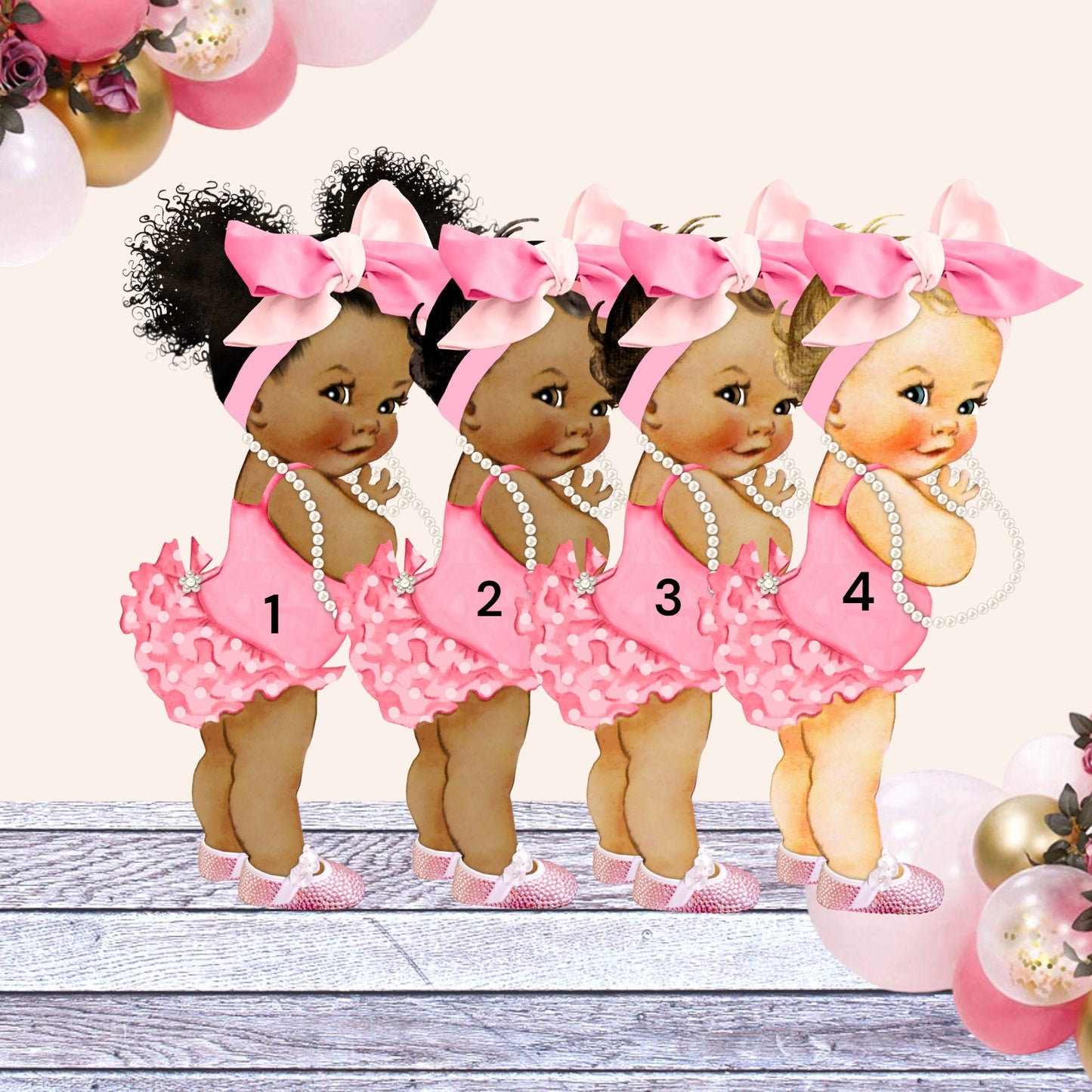 Baby Girl Centerpieces Cutouts with Pink Ruffle Pants Head Bow Rhinestone Shoes and Pearls