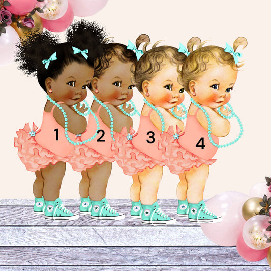 Peach Aqua Teal Baby Girl Centerpiece Cutouts, Topper Baby Shower 1st Birthday Table Decoration