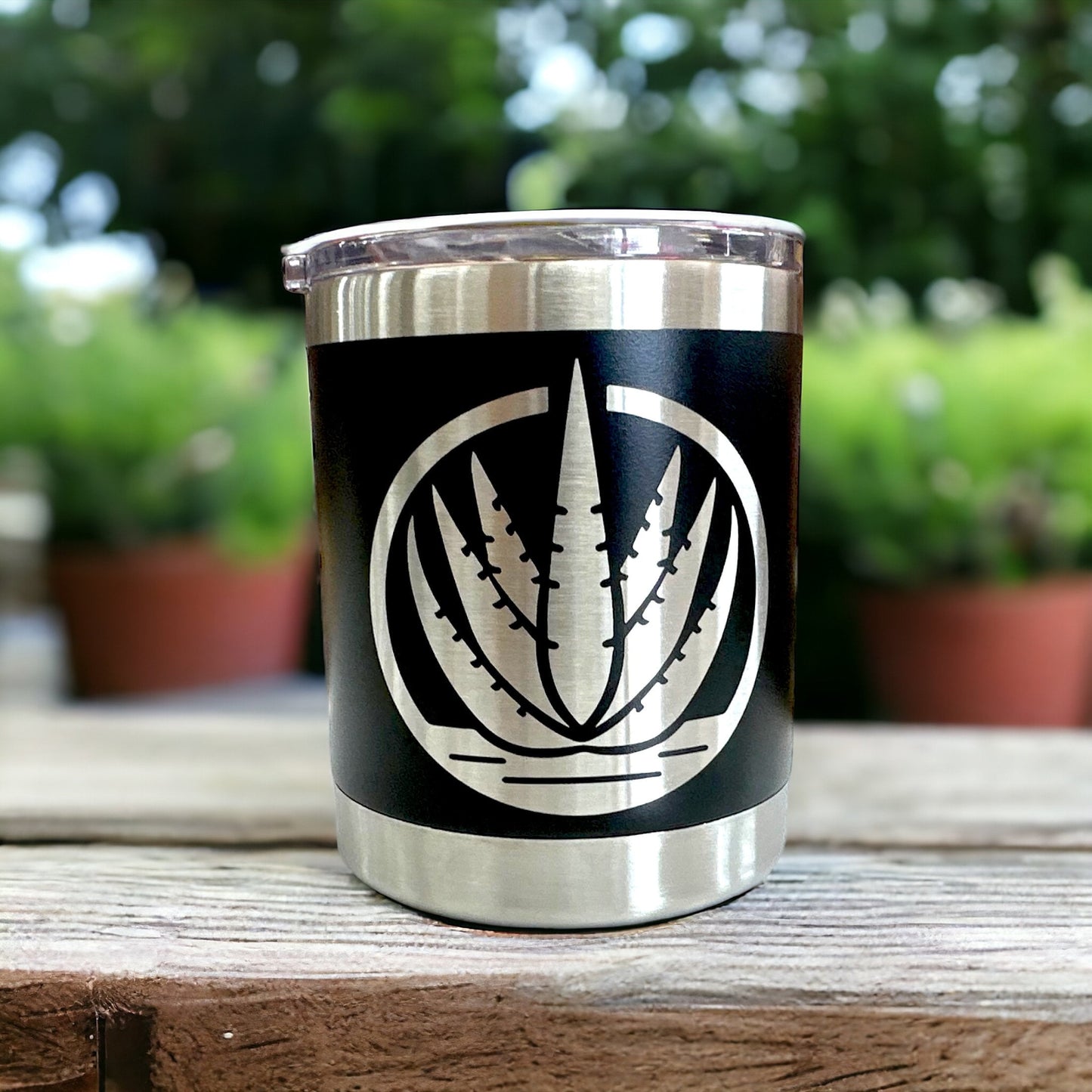 Engraved agave tumbler in black showing the modern desert plant design.