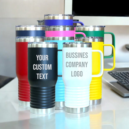 Personalized Custom Business Logo Tumbler with Handle Travel Mug, Laser Engraved Tumbler, Stainless Steel Company Cup