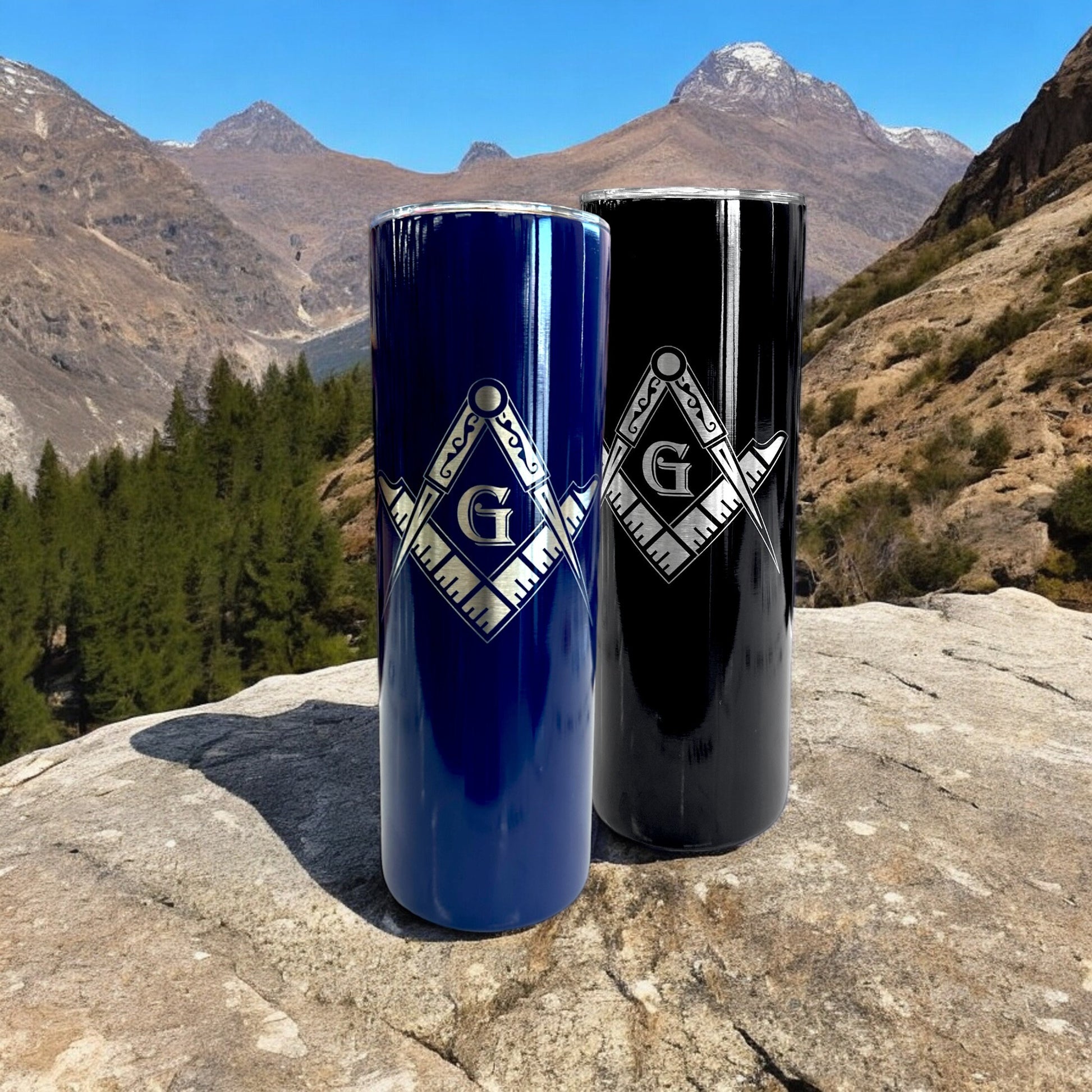 Silver 20 oz personalized masonic tumbler, featuring a sharp laser engraved design.
