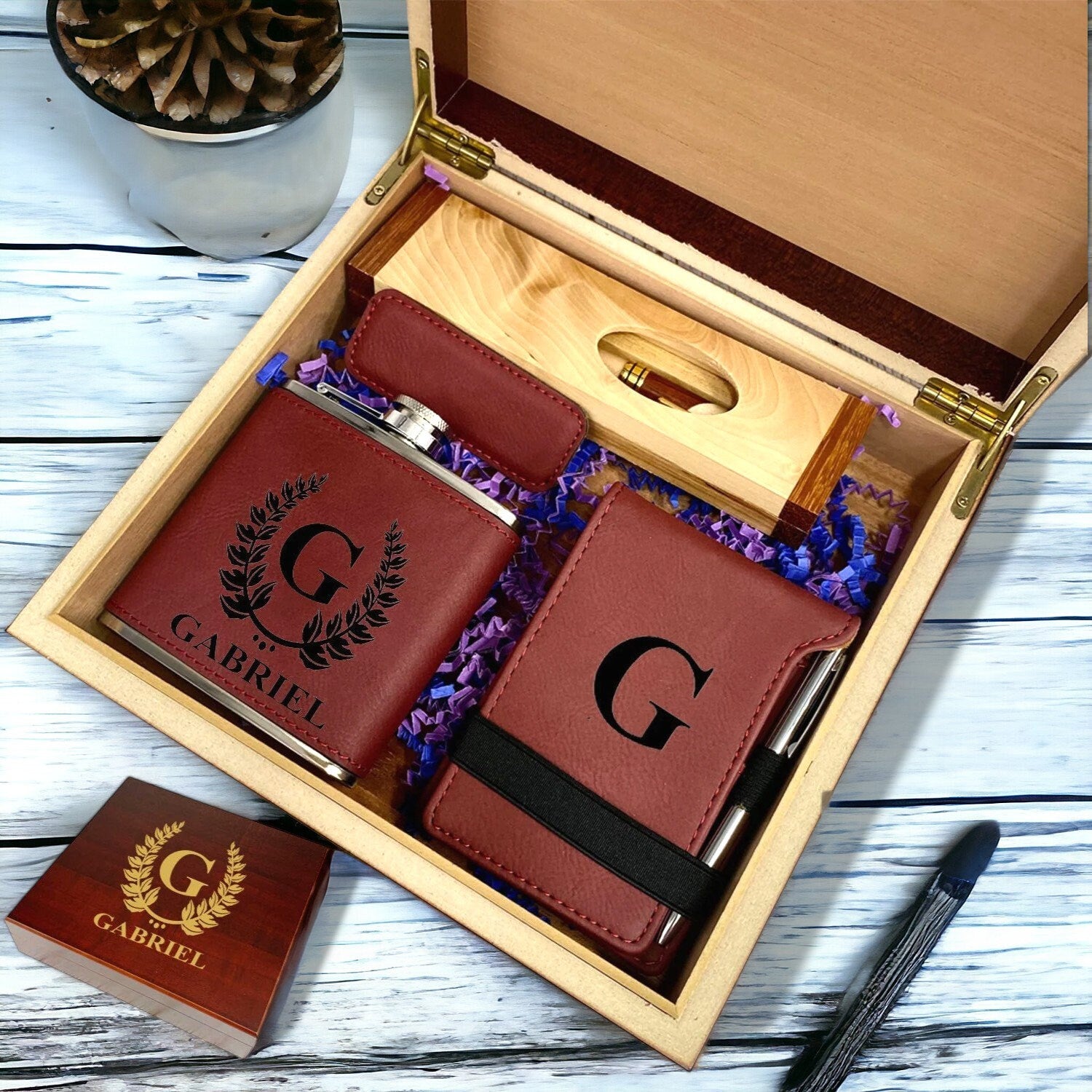 Groomsmen Gift Set Wood Box Hip Flask Pen Bottle Opener Burgundy Wedding Best Man Gift Birthday Retirement