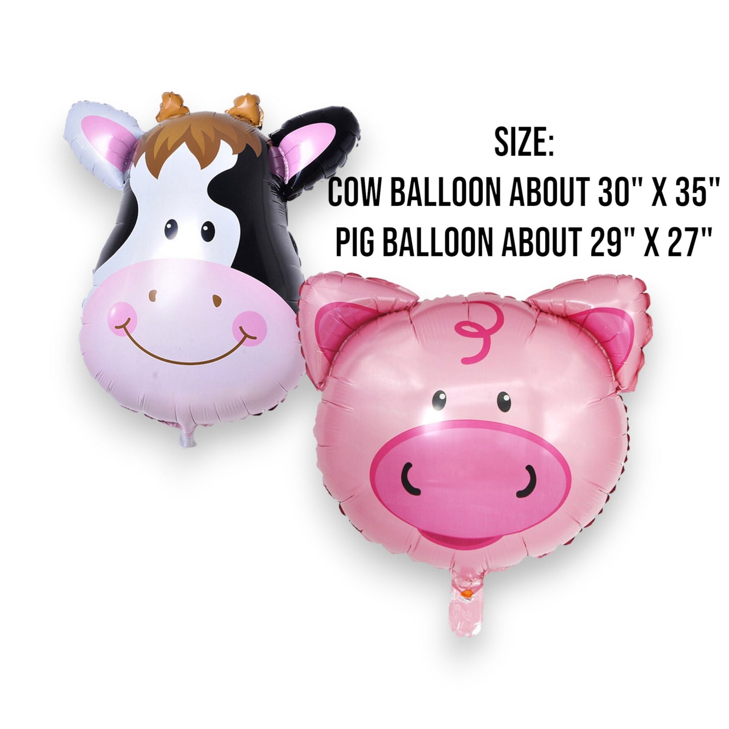 The cow and pig balloons shown deflated, highlighting their material and large size.