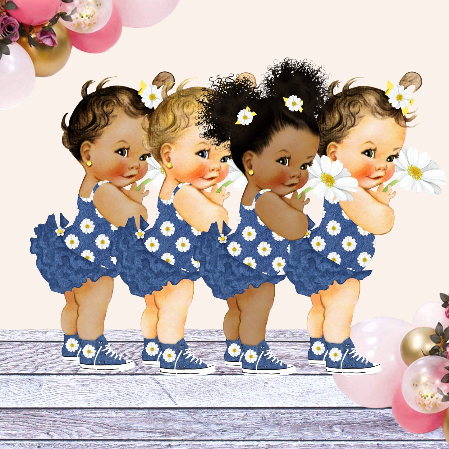 Denim Daisy Baby Girl Centerpiece Cutouts, Cake Topper Baby Shower 1st Birthday Table Decoration Blue White Yellow Sneakers Ruffle Pants