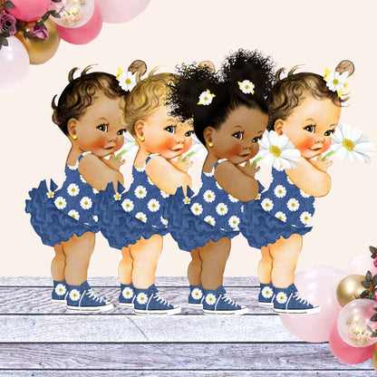 Denim Daisy Baby Girl Centerpiece Cutouts, Cake Topper Baby Shower 1st Birthday Table Decoration Blue White Yellow Sneakers Ruffle Pants