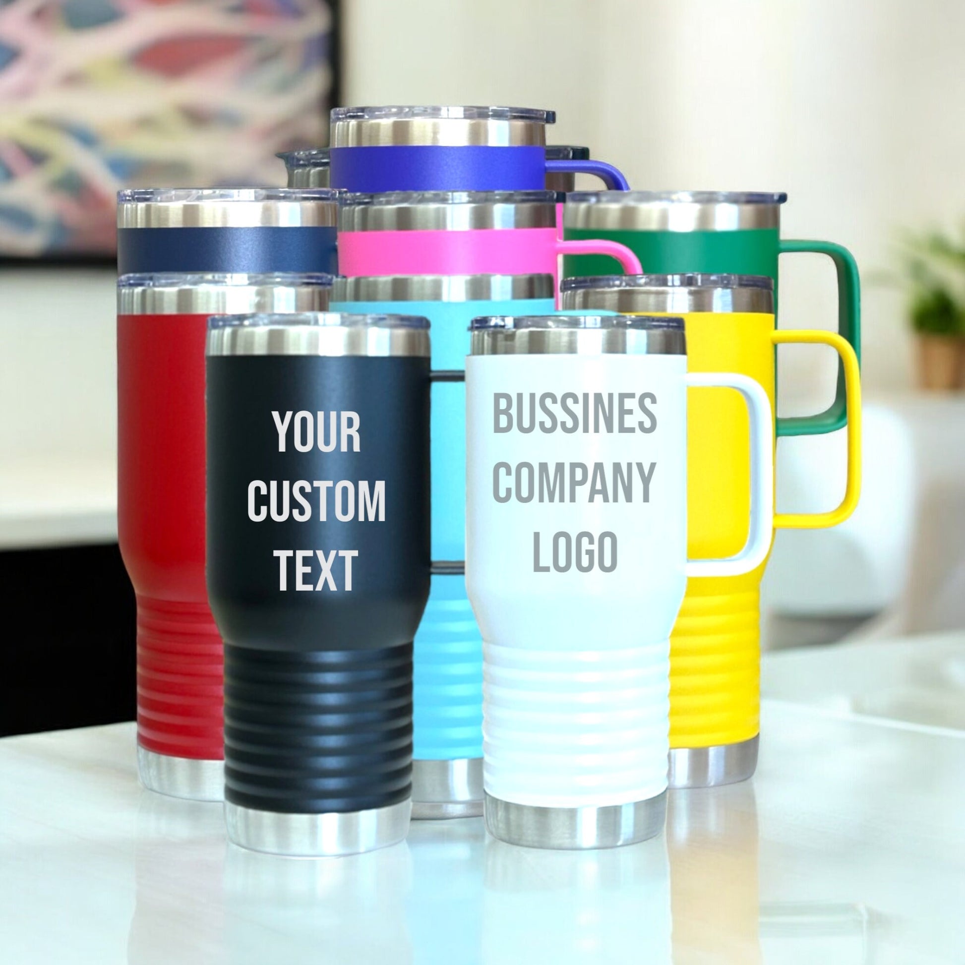 Personalized Custom Business Logo Tumbler with Handle Travel Mug, Laser Engraved Tumbler, Stainless Steel Company Cup 20oz