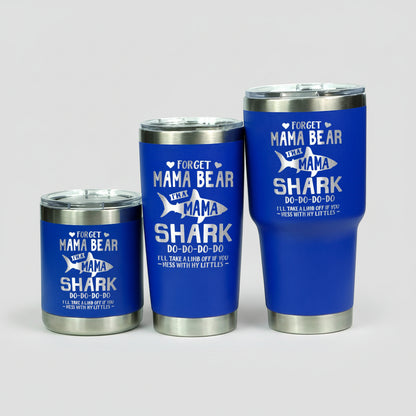Blue Shark Mama tumbler trio in three sizes displayed outdoors beside a bright waterfront.