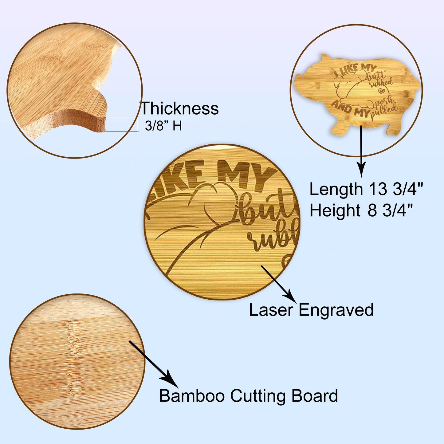 Angled view of a custom pig-shaped bamboo cutting board, highlighting the natural wood grain.