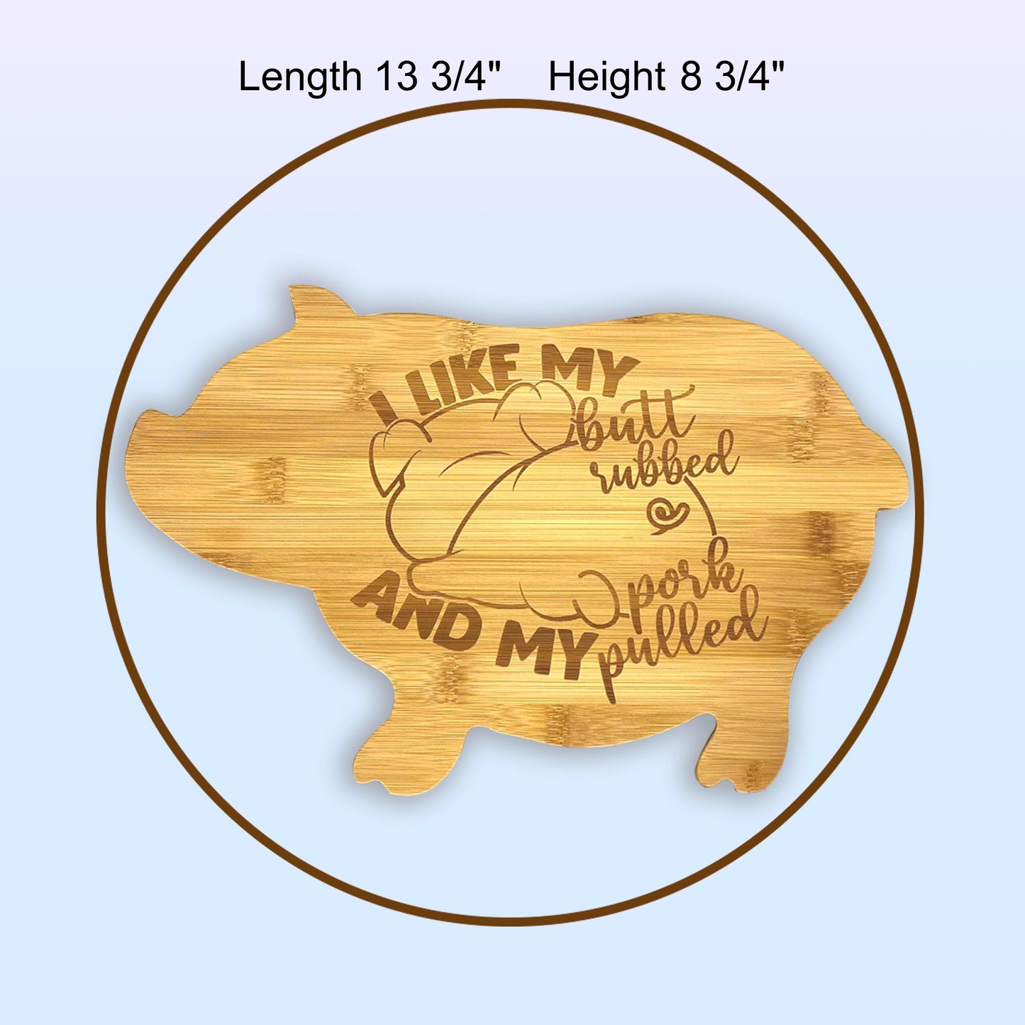 Close-up detail of the laser engraving on a bamboo pig cutting board, showcasing custom text.