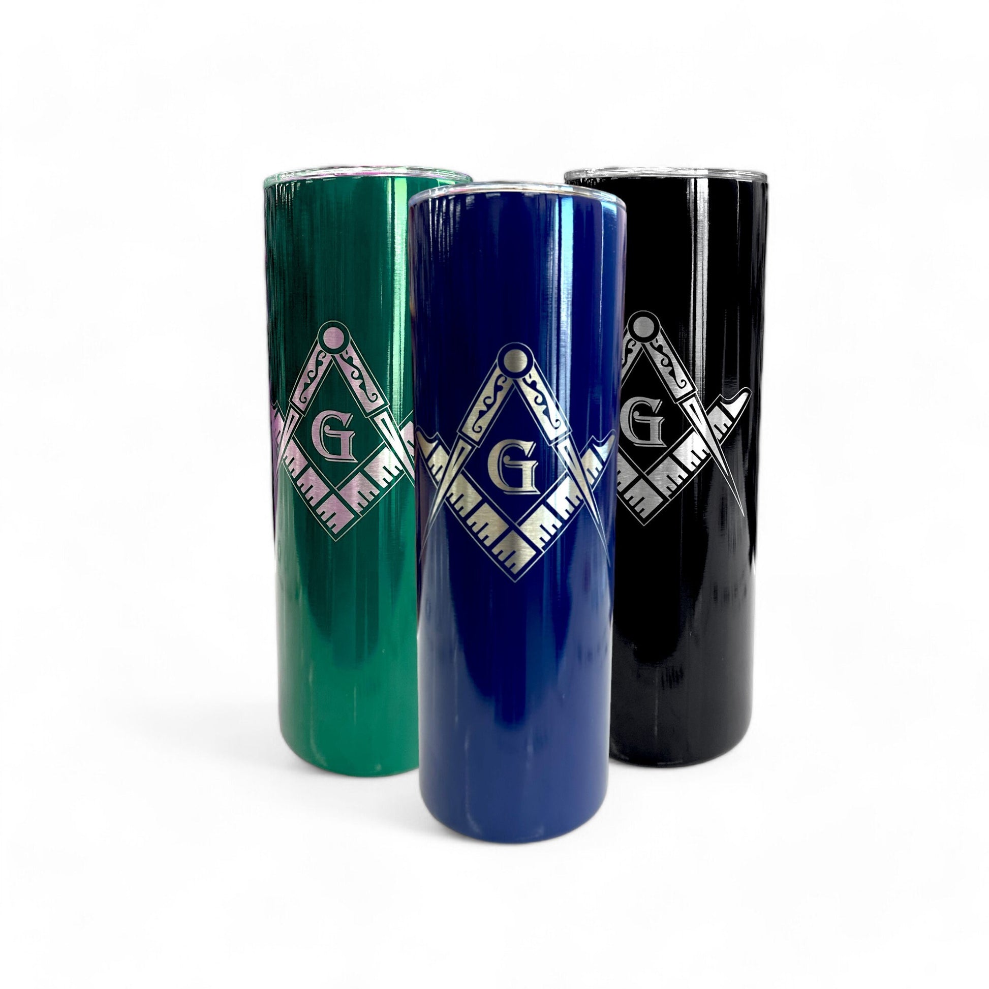 Black 20 oz freemason tumbler with a prominent laser engraved masonic symbol, standing on a neutral background.