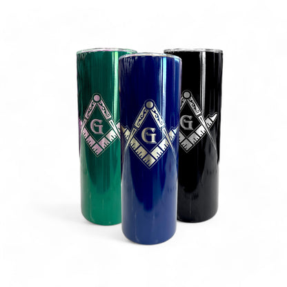 Black 20 oz freemason tumbler with a prominent laser engraved masonic symbol, standing on a neutral background.