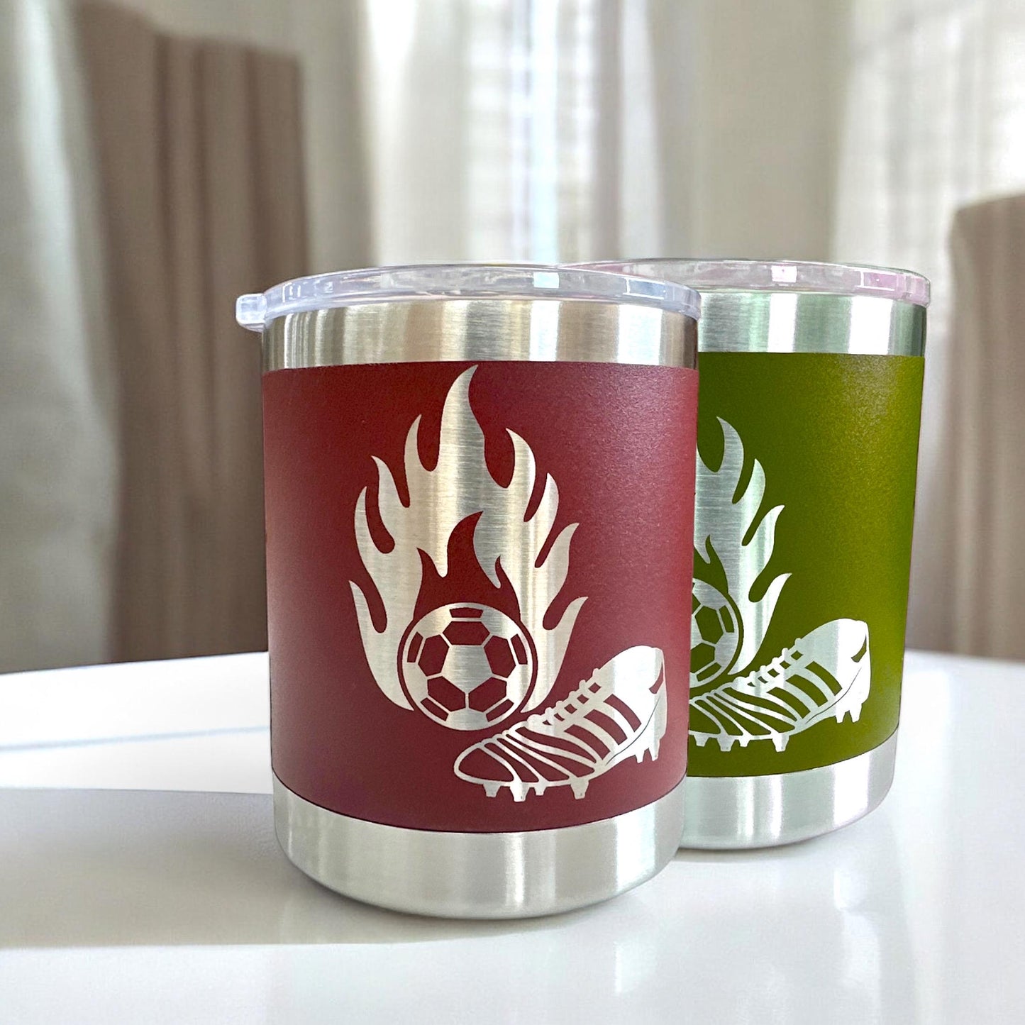 Personalized soccer tumbler in stainless steel with laser engraving and slider lid