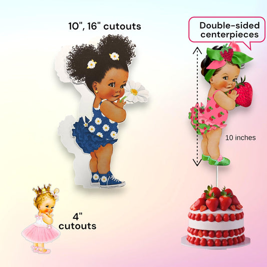 Winter Girl Cake Topper Centerpiece Cutouts, African American Baby Girl Pink Sweater Gold Pants, 1st Birthday Baby Shower Party Decorations
