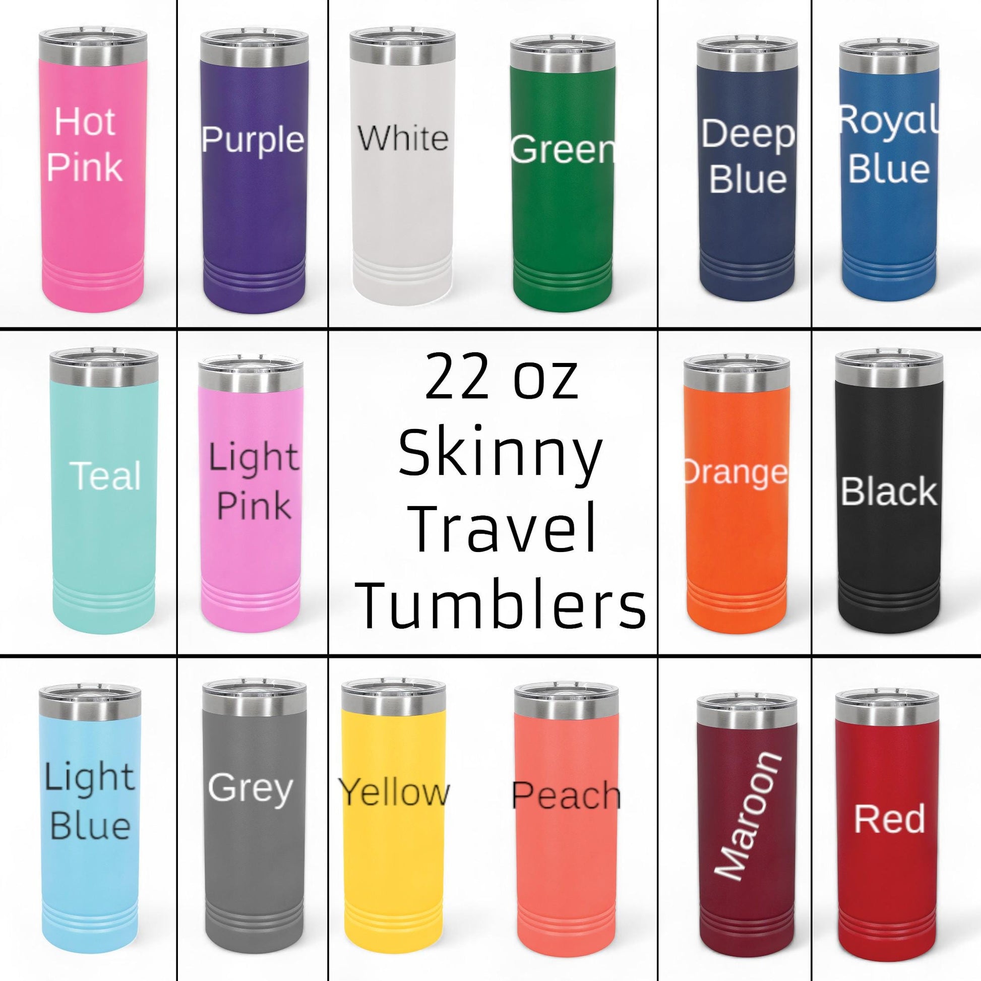 Arrangement of multiple colorful personalized tumblers with custom business logos, suitable for corporate gifts.