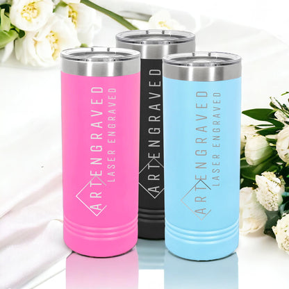 Lifestyle shot of a custom logo tumbler on an office desk, illustrating its use as office decor.