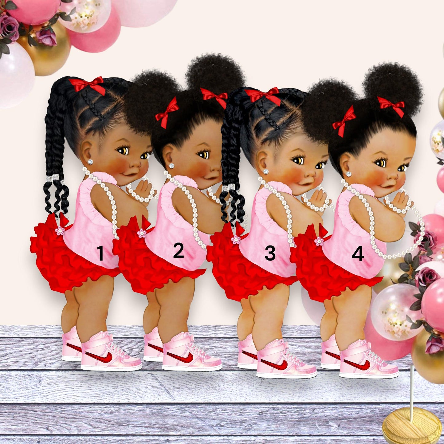 Pink Red Baby Shower Girl Centerpiece Cutouts, 1st Birthday Cake Topper, Red Ruffle Pants Ballerina, Vintage Baby Girl