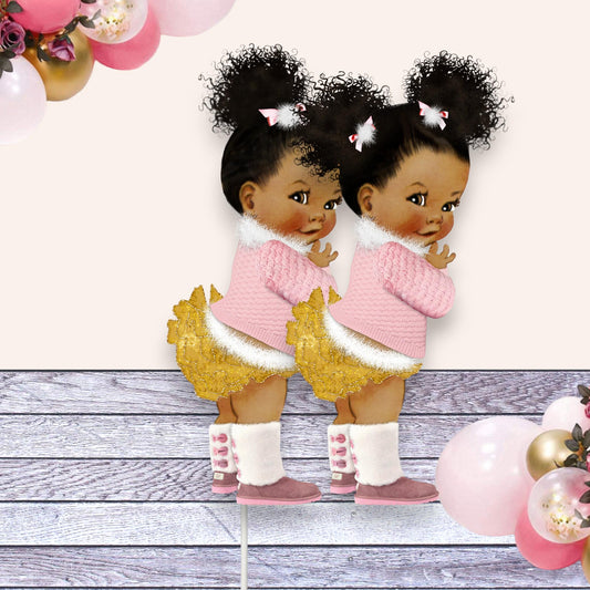 Winter Girl Cake Topper Centerpiece Cutouts, African American Baby Girl Pink Sweater Gold Pants, 1st Birthday Baby Shower Party Decorations