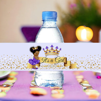 Purple Princess Water Bottle Labels African American Birthday Baby Shower Decoration for Party Favors Tutu Gold