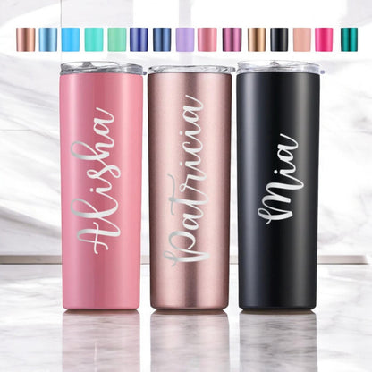 A custom laser engraved 20 oz stainless steel tumbler with a personalized name on its side, ready for gifting.