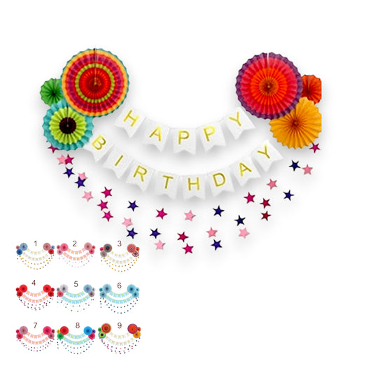 Birthday Celebration Kit - Paper Fan Garland & Banner Set with Stars String