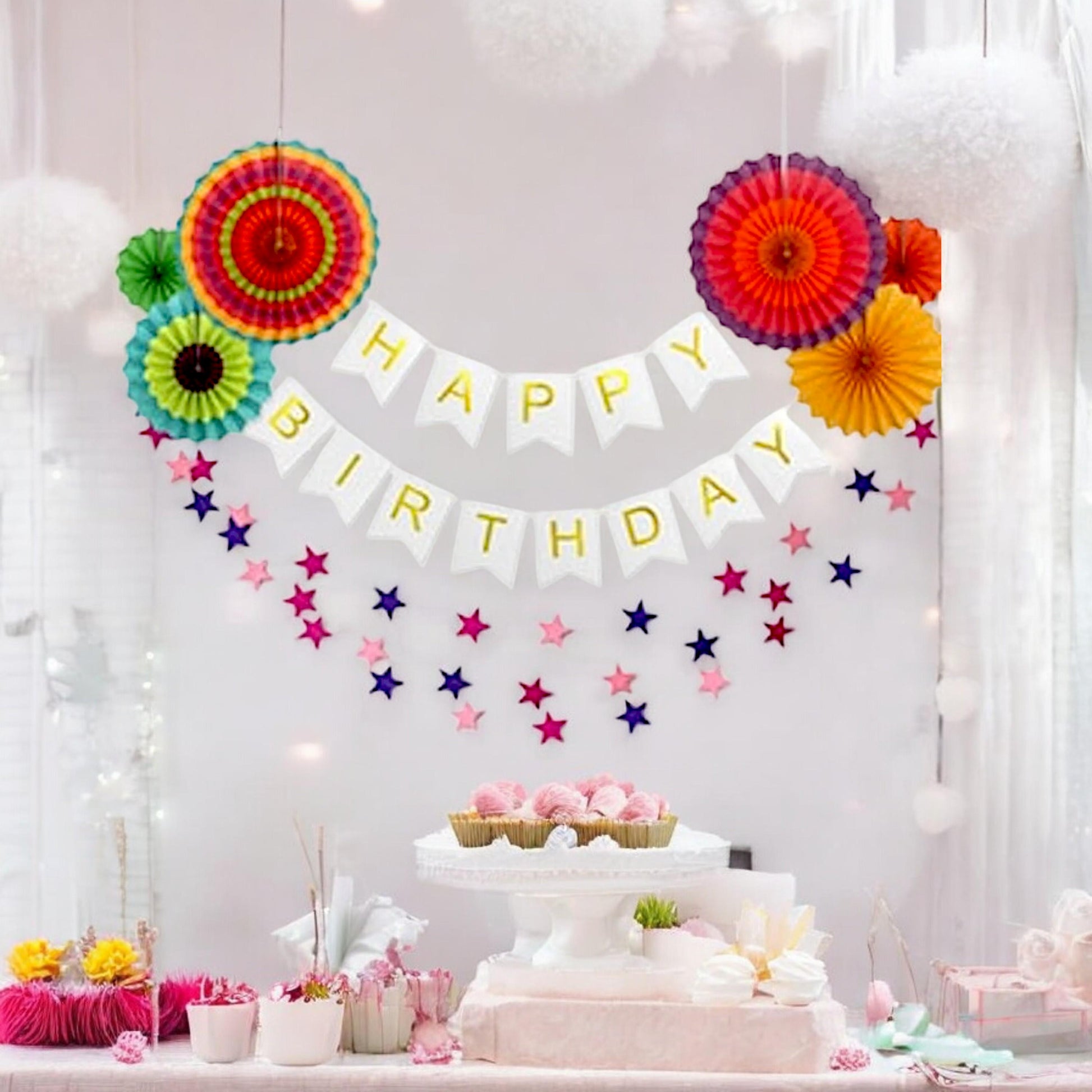 Birthday Celebration Kit - Paper Fan Garland & Banner Set with Stars String