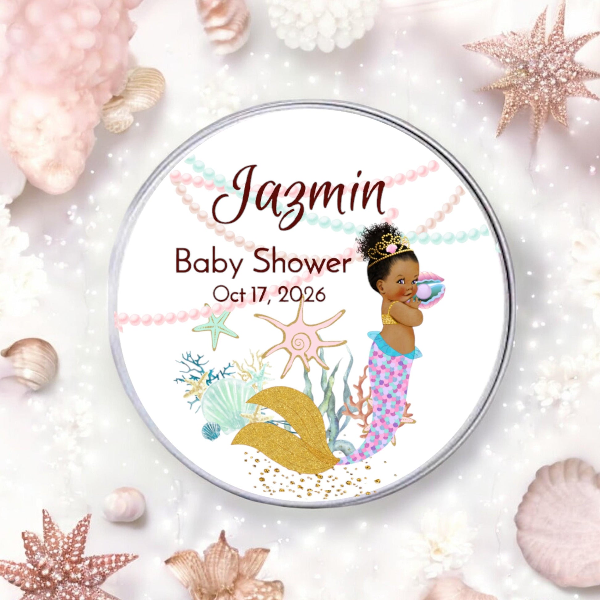 Balck mermaid party favor labels. Ideal for a mermaid-themed party, baby shower, or birthday, these delightful stickers feature African American mermaids.