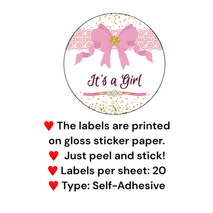 Pink It's a Girl Baby Shower Favor Labels Stickers with Bow Gold Glitter Lace