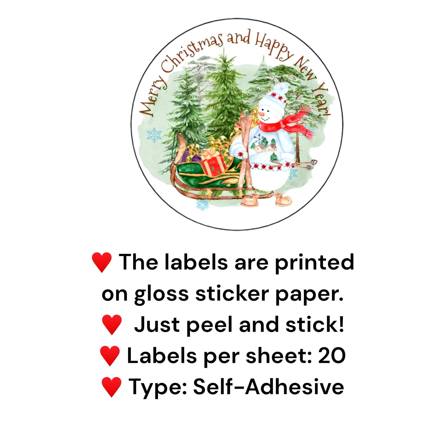 Snowman Christmas Round Labels, Merry Christmas New Year Party Favor Stickers